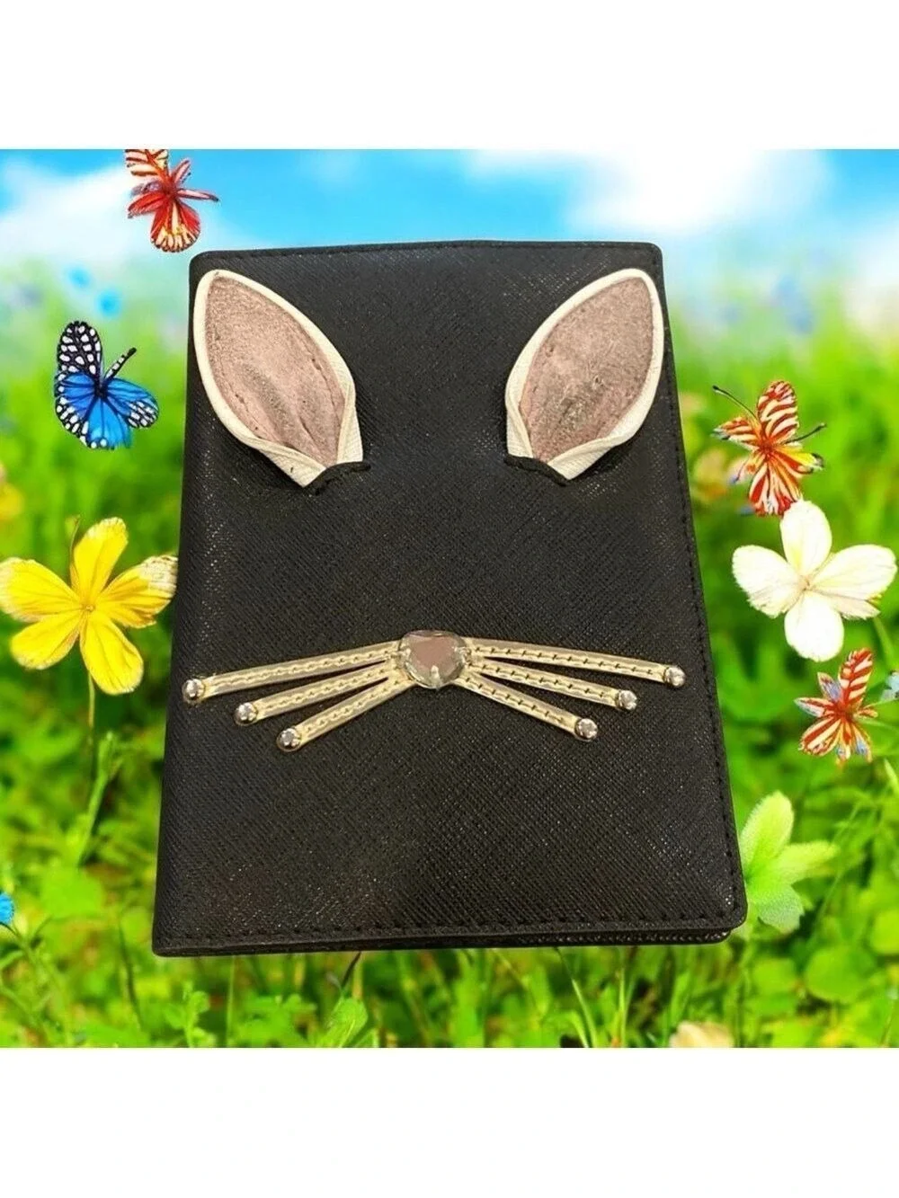 Kate Spade Imogene 3D Rabbit Passport Wallet EUC |Black Saffiano Leather